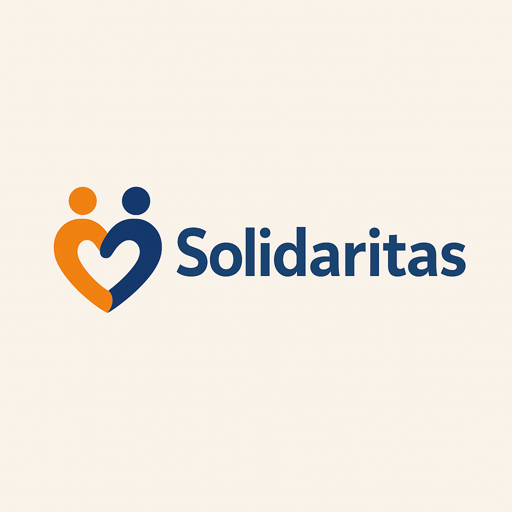 Logotipo de Solidaritas con iconos de personas en forma de corazón en naranja y azul.