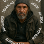 Un hombre con barba y pelo gris con gorra, rodeado de palabras sobre derechos humanos.
