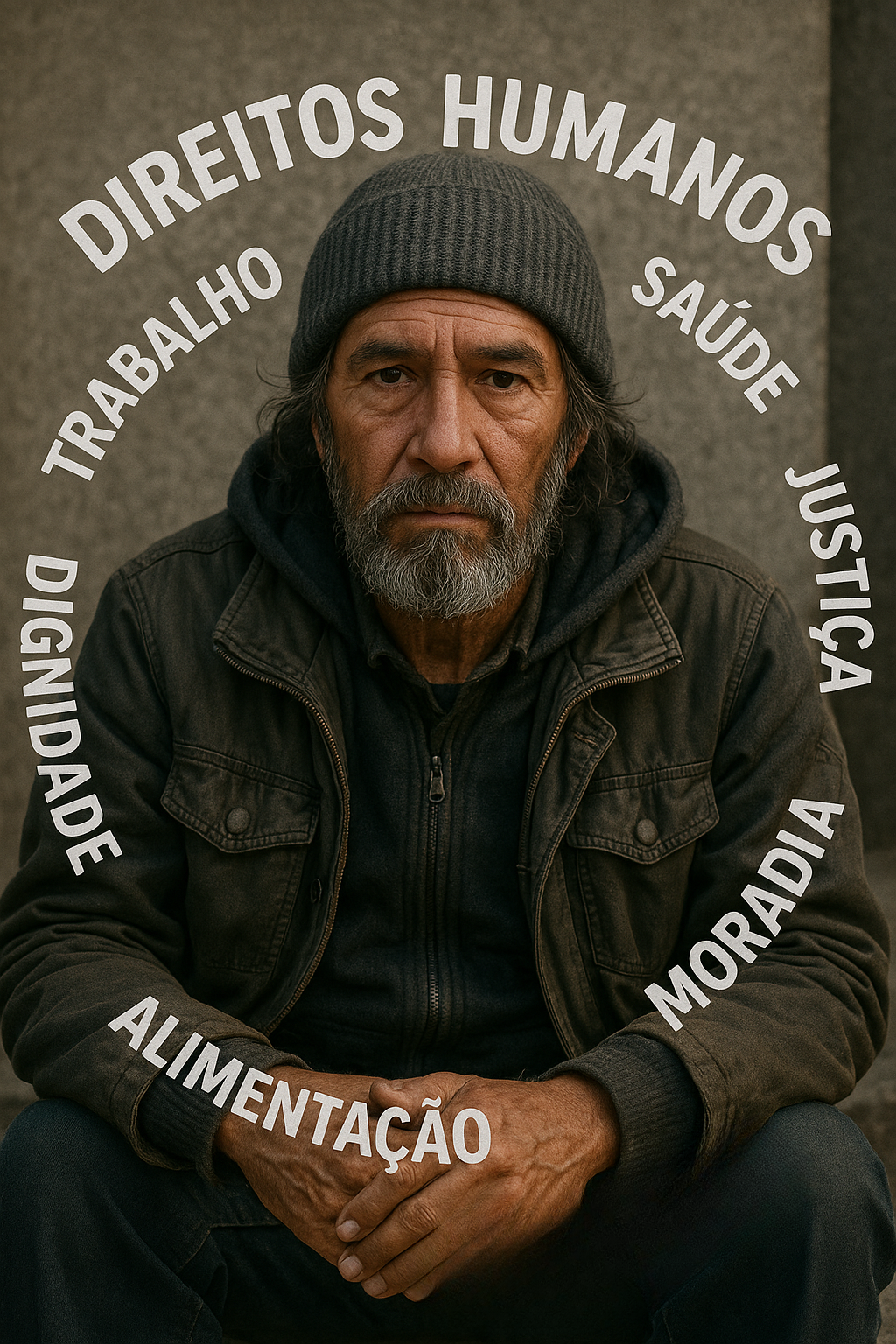 Retrato de un hombre con un mensaje sobre los derechos humanos - Solidaritas Un hombre con barba y pelo gris con gorra, rodeado de palabras sobre derechos humanos.
