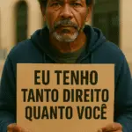 Un hombre con barba y pelo rizado sostiene una pancarta que dice "Tengo tanto derecho como tú".