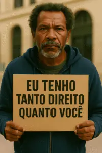 Homem com barba e cabelo encaracolado segurando um cartaz que diz 'Eu tenho tanto direito quanto você'.