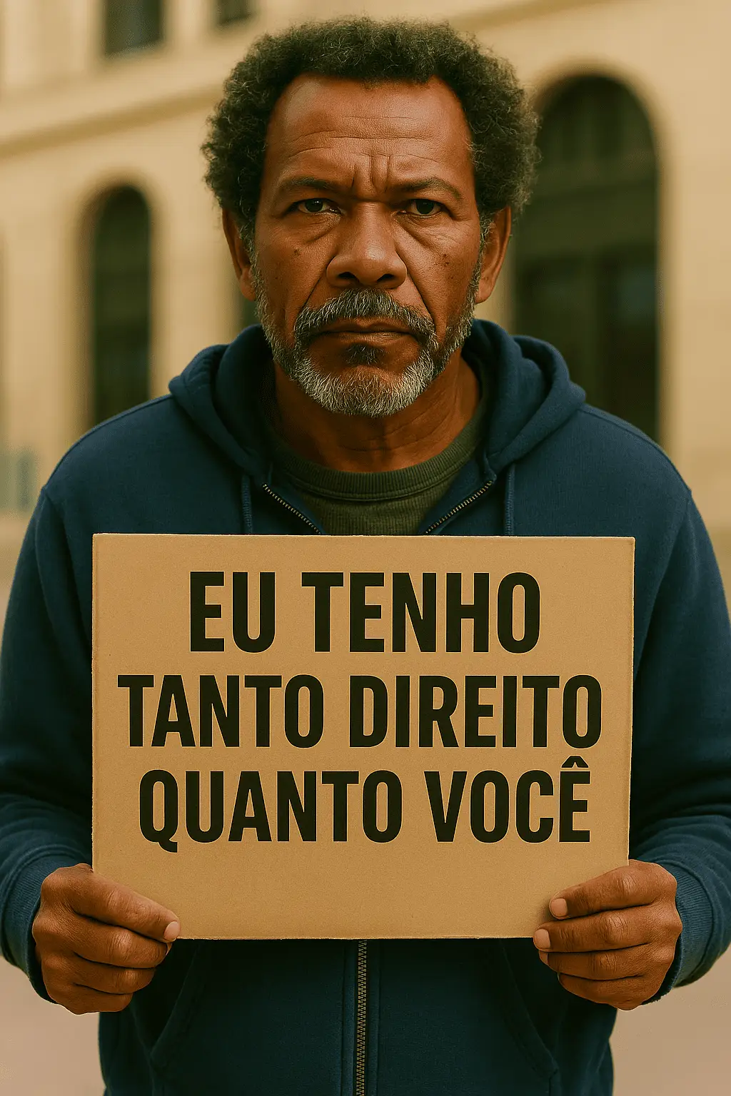 Un hombre sostiene un cartel con un mensaje sobre los derechos - Solidaritas Un hombre con barba y pelo rizado sostiene una pancarta que dice "Tengo tanto derecho como tú".