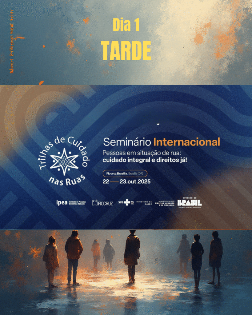 Banner do Seminário Internacional com informações sobre cuidados e direitos da população de rua.