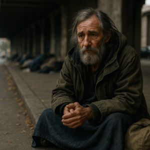 Homem com cabelo grisalho e barba sentado em uma calçada sob um viaduto, com expressão pensativa.