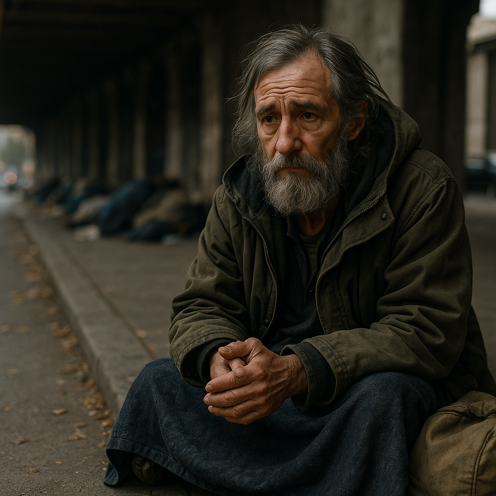 Homem com cabelo grisalho e barba sentado em uma calçada sob um viaduto, com expressão pensativa.