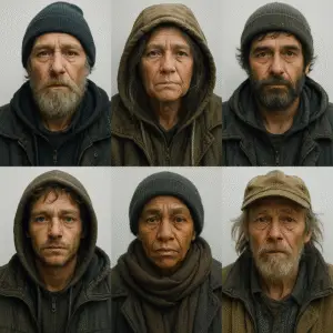Seis retratos de pessoas em situação de rua, cada uma com expressões sérias e vestimentas simples.