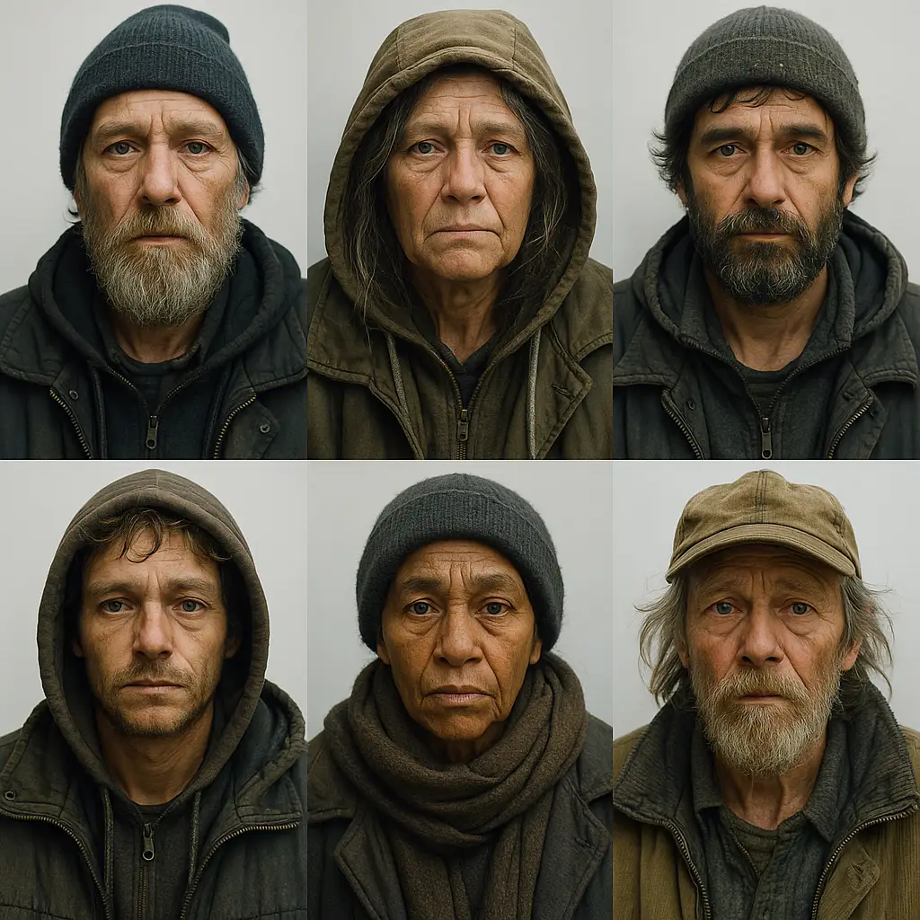 Seis retratos de pessoas em situação de rua, cada uma com expressões sérias e vestimentas simples.