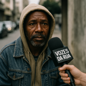 Homem em situação de rua sendo entrevistado, segurando um microfone com a inscrição 'Vozes da Rua'.