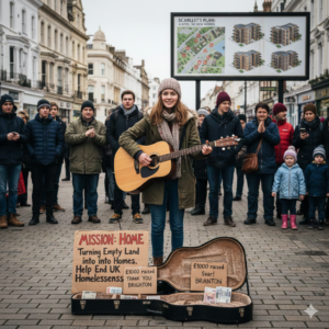 Jovem com violão em uma apresentação de rua para arrecadar fundos para a população em situação de rua.